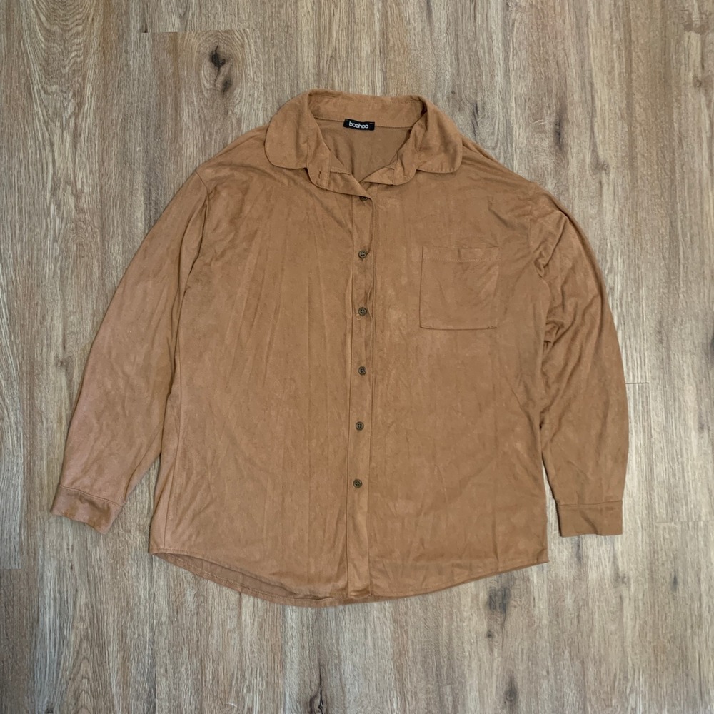 Boohoo faux suede oversized button down shirt in tan - size‎ small womens